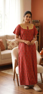 Churidar Model Cambric Cotton Nighty With Hacoba Yoke , 55 Inches - Red - Image 2
