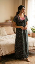 Traditional Cotton Nighty, 55 Inches Length - Green - Image 2