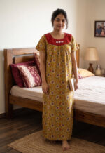 Traditional Cotton Nighty With Round Neck, Hacoba Yoke, 55 Inches Length - Yellow - Image 2