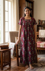 Front Open Cotton Nighty With Buttons, 55 Inches - Maroon - Image 2
