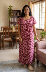 Front Open Cotton Nighty With Buttons, 55 Inches - Maroon - Image 2