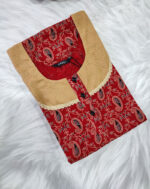 Churidar Model Cambric Cotton Nighty With Hacoba Yoke , 55 Inches - Red - Image 3