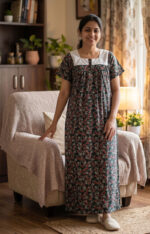 Front Open Cotton Nighty With Buttons, Hacoba Yoke, 55 Inches - Green - Image 2