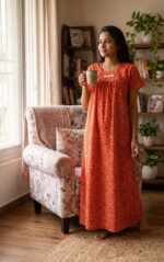 Traditional Cotton Nighty, 55 Inches Length - Red - Image 2