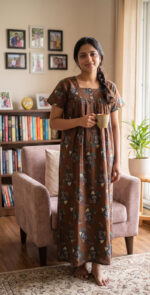 Front Open Cotton Nighty With Buttons, 55 Inches - Image 2