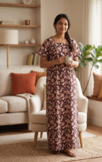 Front Open Cotton Nighty With Buttons, 55 Inches - Brown - Image 2