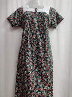 Front Open Cotton Nighty With Buttons, Hacoba Yoke, 55 Inches - Green - Image 4