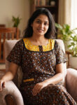 Churidar Model Cotton Nighty With Round Neck, 55 Inches - Black + Yellow