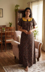 Churidar Model Cotton Nighty With Round Neck, 55 Inches - Black + Yellow - Image 2
