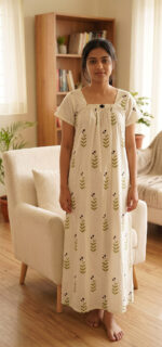 Traditional Cotton Nighty With Elastic Neck, 55 Inches Length - White - Image 2