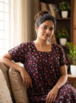 Front Open Cotton Nighty With Buttons, 55 Inches - Black + Red Flowers