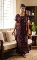 Front Open Cotton Nighty With Buttons, 55 Inches - Black + Red Flowers - Image 2