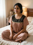 Front Open Cotton Nighty With Buttons, 55 Inches - Chikku + Green