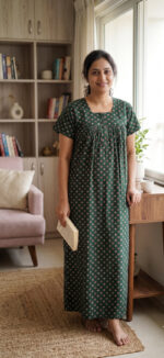 Front Open Cotton Nighty With Zip, 55 Inches - Green - Image 2