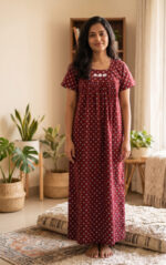 Traditional Cotton Nighty, 55 Inches Length - Maroon - Image 2