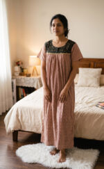 Front Open Cotton Nighty With Buttons, 55 Inches - Chikku + Green - Image 2