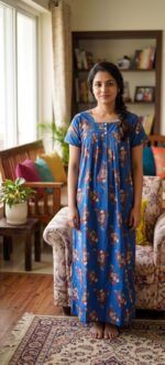 Front Open Cotton Nighty With Buttons, 55 Inches - Blue - Image 2