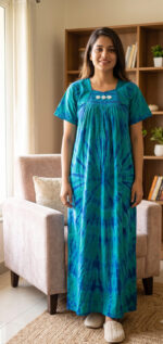Traditional Cotton Nighty, 55 Inches Length - Peacock Blue - Image 2