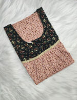 Front Open Cotton Nighty With Buttons, 55 Inches - Chikku + Green - Image 3