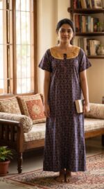 Churidar Model Cambric Cotton Nighty With Hacoba Yoke , 55 Inches - Dark Blue - Image 2
