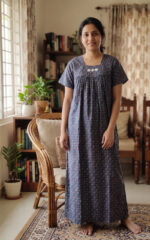 Traditional Cotton Nighty, 55 Inches Length - Blue - Image 2
