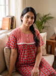 Front Open Cotton Nighty With Buttons, 57 Inches - Red