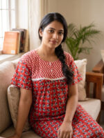 Front Open Cotton Nighty With Buttons, 57 Inches - Red