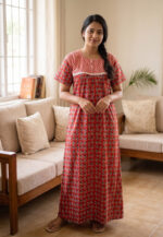 Front Open Cotton Nighty With Buttons, 57 Inches - Red - Image 2
