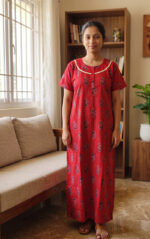 Churidar Model Cambric Cotton Nighty With Buttons, 55 Inches - Red - Image 2