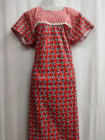 Front Open Cotton Nighty With Buttons, 57 Inches - Red - Image 4