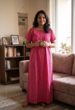Front Open Cotton Nighty With Zip, 57 Inches - Rose - Image 2