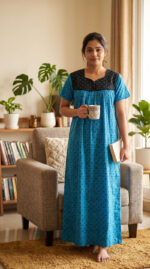 Front Open Cotton Nighty With Buttons, 55 Inches - Blue + Black - Image 2