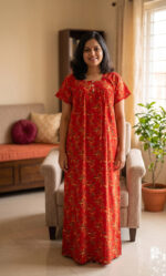 Front Open Cotton Nighty With Buttons, 55 Inches - Red - Image 2