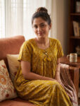 Traditional Cotton Nighty, 55 Inches Length - Yellow