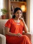 Traditional Cotton Nighty, 55 Inches Length - Orange