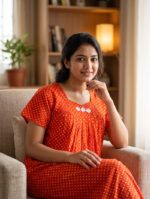 Traditional Cotton Nighty, 55 Inches Length - Orange