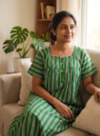 Front Open Cotton Nighty With Buttons, 55 Inches - Green + White Lines