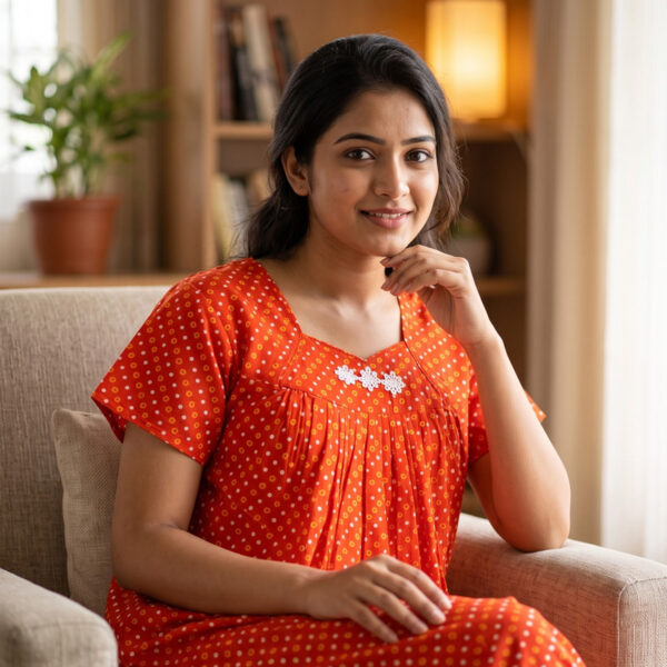 Traditional Cotton Nighty, 55 Inches Length - Orange