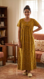 Traditional Cotton Nighty, 55 Inches Length - Yellow - Image 2