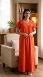 Traditional Cotton Nighty, 55 Inches Length - Orange - Image 2