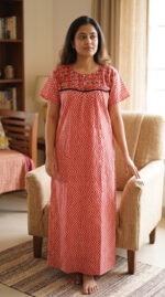 Front Open Cotton Nighty With Buttons, 57 Inches - Red - Image 2