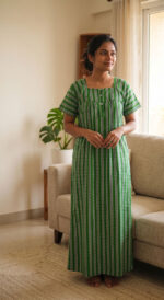 Front Open Cotton Nighty With Buttons, 55 Inches - Green + White Lines - Image 2