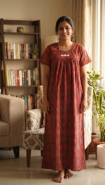 Traditional Ajrakh Cotton Nighty, 55 Inches Length - Red - Image 2