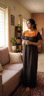 Front Open Cotton Nighty With Buttons, 55 Inches - Black + Yellow - Image 2