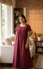 Front Open Cotton Nighty With Buttons, 55 Inches - Image 2