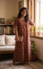 Front Open Cotton Nighty With Buttons, 55 Inches - Maroon - Image 2
