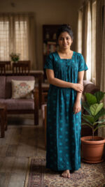 Front Open Cotton Nighty With Buttons, 55 Inches - Blue - Image 2