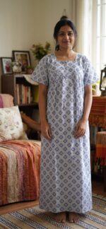 Front Open Cotton Nighty With Buttons, 57 Inches - White - Image 2