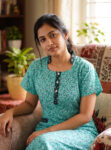 Churidar Model Cotton Nighty With Collar, 55 Inches - Green + Black