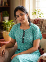 Churidar Model Cotton Nighty With Collar, 55 Inches - Green + Black
